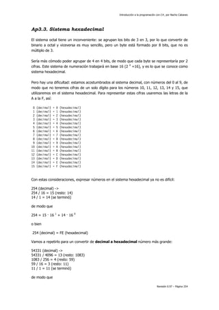 Introducción a la programación con C#, por Nacho Cabanes




Ap3.3. Sistema hexadecimal

El sistema octal tiene un inconveniente: se agrupan los bits de 3 en 3, por lo que convertir de
binario a octal y viceversa es muy sencillo, pero un byte está formado por 8 bits, que no es
múltiplo de 3.

Sería más cómodo poder agrupar de 4 en 4 bits, de modo que cada byte se representaría por 2
cifras. Este sistema de numeración trabajará en base 16 (2 4 =16), y es lo que se conoce como
sistema hexadecimal.

Pero hay una dificultad: estamos acostumbrados al sistema decimal, con números del 0 al 9, de
modo que no tenemos cifras de un solo dígito para los números 10, 11, 12, 13, 14 y 15, que
utilizaremos en el sistema hexadecimal. Para representar estas cifras usaremos las letras de la
A a la F, así:

 0   (decimal)   =   0   (hexadecimal)
 1   (decimal)   =   1   (hexadecimal)
 2   (decimal)   =   2   (hexadecimal)
 3   (decimal)   =   3   (hexadecimal)
 4   (decimal)   =   4   (hexadecimal)
 5   (decimal)   =   5   (hexadecimal)
 6   (decimal)   =   6   (hexadecimal)
 7   (decimal)   =   7   (hexadecimal)
 8   (decimal)   =   8   (hexadecimal)
 9   (decimal)   =   9   (hexadecimal)
10   (decimal)   =   A   (hexadecimal)
11   (decimal)   =   B   (hexadecimal)
12   (decimal)   =   C   (hexadecimal)
13   (decimal)   =   D   (hexadecimal)
14   (decimal)   =   E   (hexadecimal)
15   (decimal)   =   F   (hexadecimal)



Con estas consideraciones, expresar números en el sistema hexadecimal ya no es difícil:

254 (decimal) ->
254 / 16 = 15 (resto: 14)
14 / 1 = 14 (se terminó)

de modo que

254 = 15 · 16 1 + 14 · 16        0



o bien

254 (decimal) = FE (hexadecimal)

Vamos a repetirlo para un convertir de decimal a hexadecimal número más grande:

54331 (decimal) ->
54331 / 4096 = 13 (resto: 1083)
1083 / 256 = 4 (resto: 59)
59 / 16 = 3 (resto: 11)
11 / 1 = 11 (se terminó)

de modo que

                                                                                   Revisión 0.97 – Página 254
 