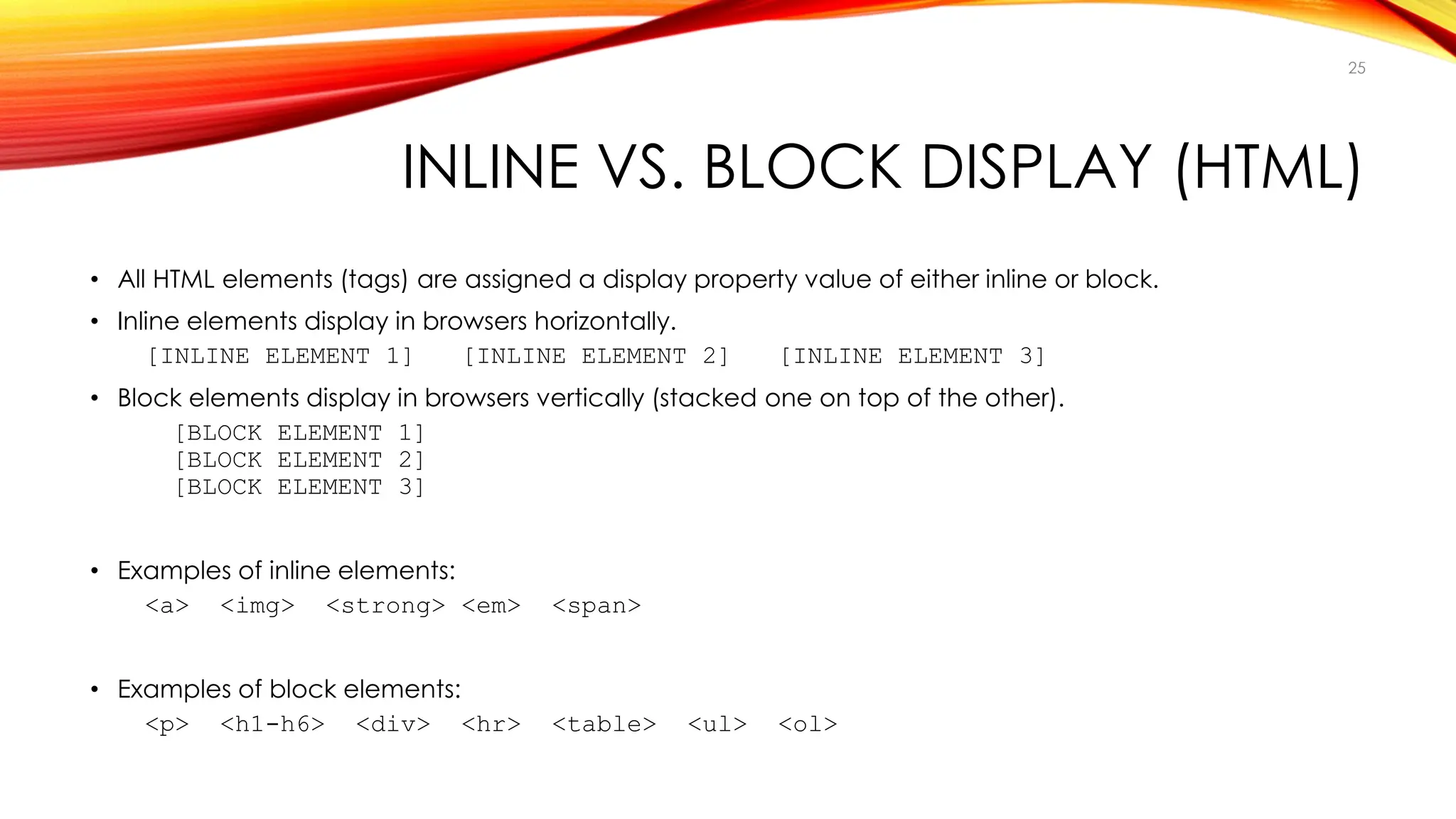 INLINE VS. BLOCK DISPLAY (HTML)
• All HTML elements (tags) are assigned a display property value of either inline or block.
• Inline elements display in browsers horizontally.
[INLINE ELEMENT 1] [INLINE ELEMENT 2] [INLINE ELEMENT 3]
• Block elements display in browsers vertically (stacked one on top of the other).
[BLOCK ELEMENT 1]
[BLOCK ELEMENT 2]
[BLOCK ELEMENT 3]
• Examples of inline elements:
<a> <img> <strong> <em> <span>
• Examples of block elements:
<p> <h1-h6> <div> <hr> <table> <ul> <ol>
25
 