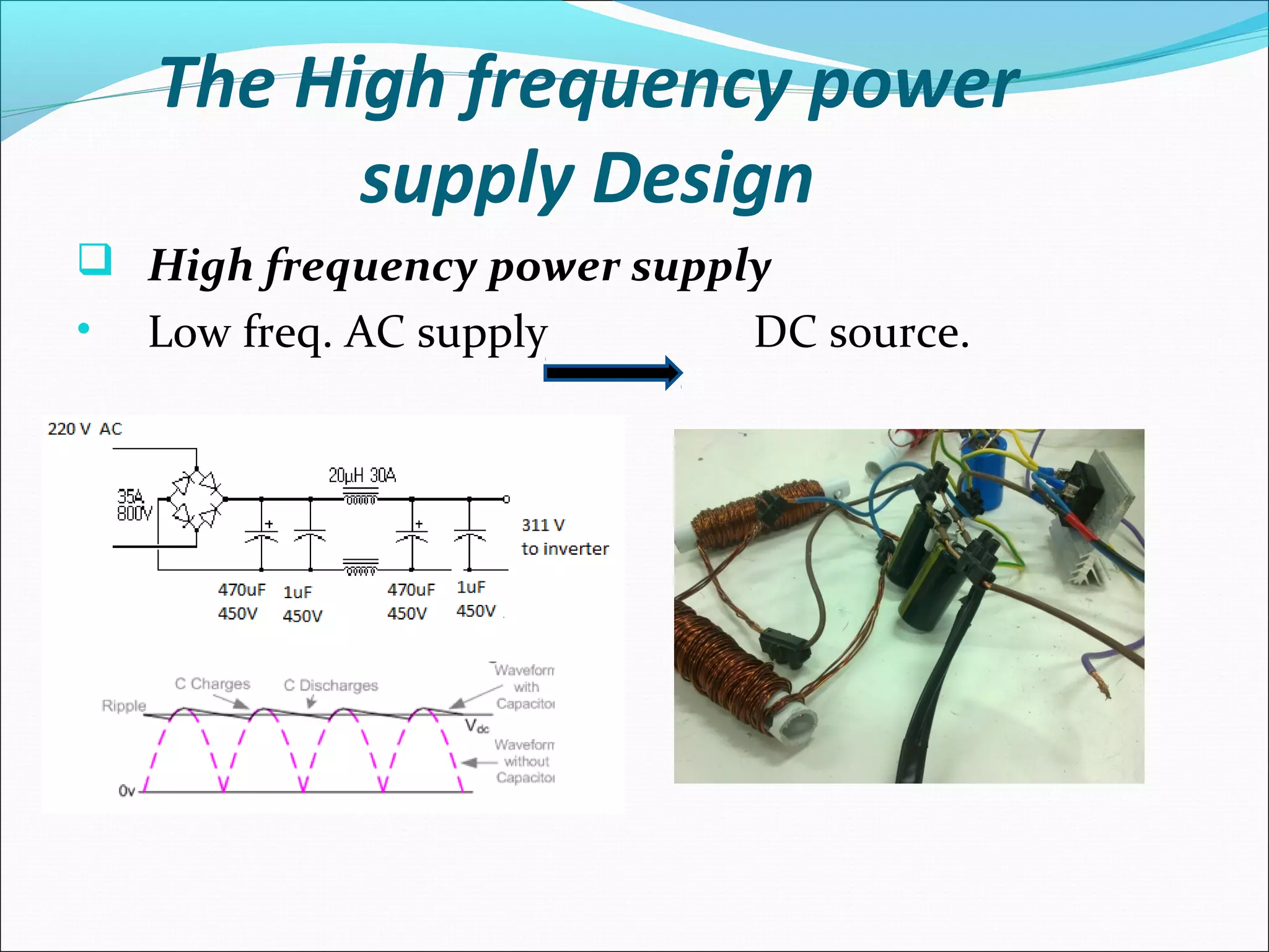 The High frequency power
supply Design
High frequency power supply
• Low freq. AC supply DC source.