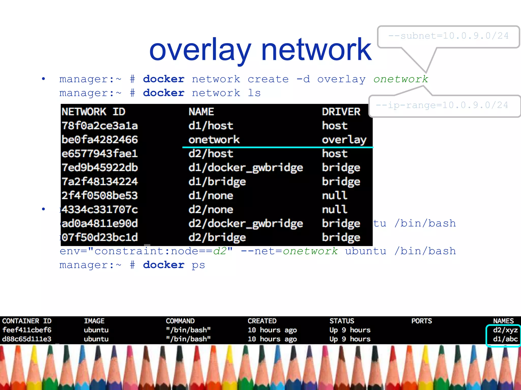 overlay network
• manager:~ # docker network create -d overlay onetwork
manager:~ # docker network ls
• manager:~ # docker run -itd --name=abc --
env="constraint:node==d1" --net=onetwork ubuntu /bin/bash
manager:~ # docker run -itd --name=xyz --
env="constraint:node==d2" --net=onetwork ubuntu /bin/bash
manager:~ # docker ps
--subnet=10.0.9.0/24
--ip-range=10.0.9.0/24
 