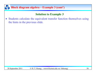 Block diagram algebra
Block diagram algebra –
– Example 3 (cont’)
Example 3 (cont’)
S l ti t E l 3
S l ti t E l 3
Solution to Example 3
Solution to Example 3
‘ Students calculate the equivalent transfer function themselves using
the hints in the previous slide.
the hints in the previous slide.
20 September 2011 58
© H. T. Hoang - www4.hcmut.edu.vn/~hthoang/
 
