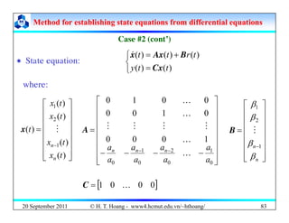 Method for establishing state equations from differential equations
Method for establishing state equations from differential equations
Case #2 (cont’)
Case #2 (cont’)
⎩
⎨
⎧
=
+
=
)
(
)
(
)
(
)
(
)
(
t
t
y
t
r
t
t
Cx
B
Ax
x
&
Case #2 (cont )
Case #2 (cont )
‘ State equation:
⎩ = )
(
)
( t
t
y Cx
where:
⎤
⎡ 0
0
1
0
⎥
⎥
⎥
⎤
⎢
⎢
⎢
⎡
)
(
)
(
2
1
t
x
t
x
M ⎥
⎥
⎥
⎤
⎢
⎢
⎢
⎡
0
1
0
0
0
0
1
0
M
M
M
M
K
K
⎥
⎥
⎥
⎤
⎢
⎢
⎢
⎡
β
β
2
1
⎥
⎥
⎥
⎥
⎦
⎢
⎢
⎢
⎢
⎣
=
−
)
(
)
(
)
(
1
t
t
x
t
n
M
x
⎥
⎥
⎥
⎥
⎢
⎢
⎢
⎢
−
−
−
−
=
−
− 1
2
1
1
0
0
0
a
a
a
a n
n
n
K
M
M
M
M
A
⎥
⎥
⎥
⎥
⎦
⎢
⎢
⎢
⎢
⎣
=
−
n
β
β 1
M
B
⎥
⎦
⎢
⎣ )
(t
xn ⎥
⎥
⎦
⎢
⎢
⎣ 0
0
0
0 a
a
a
a
K
[ ]
C
⎥
⎦
⎢
⎣ n
β
20 September 2011 83
[ ]
0
0
0
1 K
=
C
© H. T. Hoang - www4.hcmut.edu.vn/~hthoang/
 