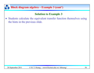 Block diagram algebra
Block diagram algebra –
– Example 3 (cont’)
Example 3 (cont’)
S l ti t E l 3
S l ti t E l 3
Solution...