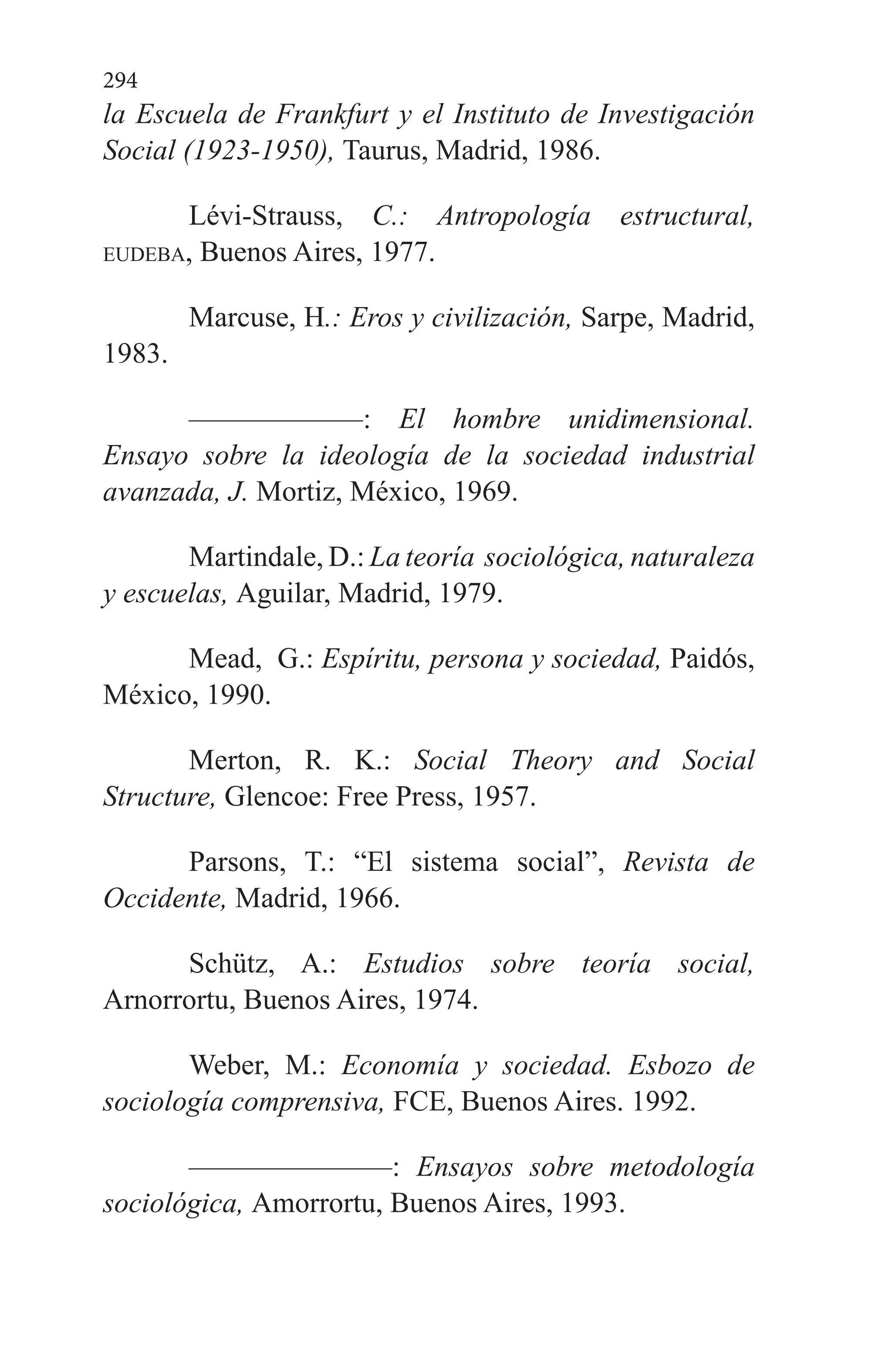 294
la Es­cuela de Frankfurt y el Instituto de Investigación
Social (1923-1950), Taurus, Madrid, 1986.
Lévi-Strauss, C.: Antropología estructural,
eudeba, Buenos Aires, 1977.
Marcuse, H.: Eros y civilización, Sarpe, Madrid,
1983.
——————: El hombre unidimensional.
Ensayo sobre la ideología de la sociedad industrial
avanzada, J. Mortiz, México, 1969.
Martindale, D.: La teoría sociológica, naturaleza
y escuelas, Aguilar, Madrid, 1979.
Mead, G.: Espíritu, persona y sociedad, Paidós,
México, 1990.
Merton, R. K.: Social Theory and Social
Structure, Glencoe: Free Press, 1957.
Parsons, T.: “El sistema social”, Revista de
Occidente, Ma­drid, 1966.
Schütz, A.: Estudios sobre teoría social,
Arnorrortu, Buenos Aires, 1974.
Weber, M.: Economía y sociedad. Esbozo de
sociología com­prensiva, FCE, Buenos Aires. 1992.
———————: Ensayos sobre metodología
sociológica, Amorrortu, Buenos Aires, 1993.
 