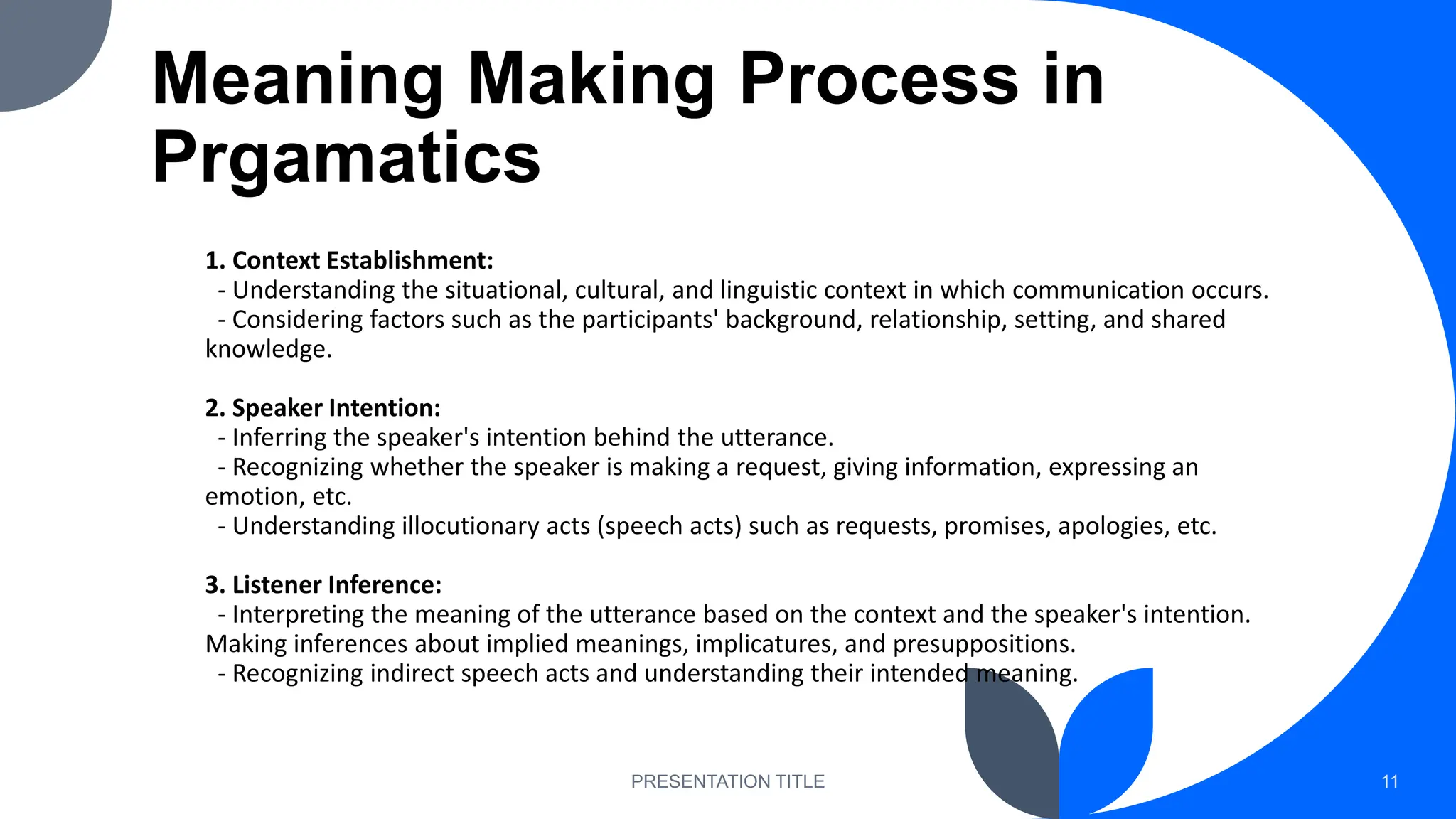 Meaning Making Process in
Prgamatics
1. Context Establishment:
- Understanding the situational, cultural, and linguistic context in which communication occurs.
- Considering factors such as the participants' background, relationship, setting, and shared
knowledge.
2. Speaker Intention:
- Inferring the speaker's intention behind the utterance.
- Recognizing whether the speaker is making a request, giving information, expressing an
emotion, etc.
- Understanding illocutionary acts (speech acts) such as requests, promises, apologies, etc.
3. Listener Inference:
- Interpreting the meaning of the utterance based on the context and the speaker's intention.
Making inferences about implied meanings, implicatures, and presuppositions.
- Recognizing indirect speech acts and understanding their intended meaning.
PRESENTATION TITLE 11
 