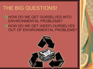 THE BIG QUESTIONS! HOW DO WE GET OURSELVES INTO ENVIRONMENTAL PROBLEMS? HOW DO WE GET (KEEP) OURSELVES OUT OF ENVIRONMENTAL PROBLEMS? 