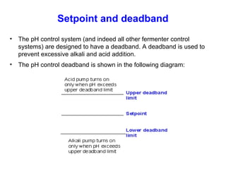 Setpoint and deadband
• The pH control system (and indeed all other fermenter control
systems) are designed to have a deadband. A deadband is used to
prevent excessive alkali and acid addition.
• The pH control deadband is shown in the following diagram:
 