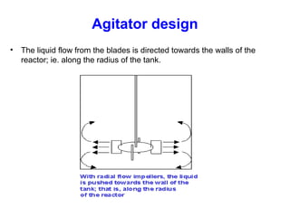 Agitator design
• The liquid flow from the blades is directed towards the walls of the
reactor; ie. along the radius of the tank.
 