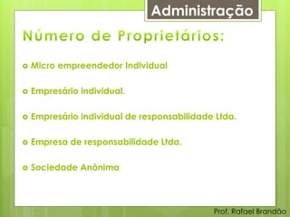 Administração


   Micro empreendedor Individual

   Empresário individual.

   Empresário individual de responsabilidade Ltda.

   Empresa de responsabilidade Ltda.

   Sociedade Anônima



                                             Prof. Rafael Brandão
 