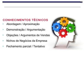 CONHECIMENTOS TÉCNICOS Abordagem / Aproximação Demonstração / Argumentação  Objeções / Argumentos de Vendas Nichos de Negócios da Empresa  Fechamento parcial / Tentativo 