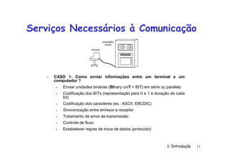 1: Introdução 11
Serviços Necessários à Comunicação
• CASO 1: Como enviar informações entre um terminal e um
computador ?
• Enviar unidades binárias (BInary uniT = BIT) em série ou paralelo
• Codificação dos BITs (representação para 0 e 1 e duração de cada
bit)
• Codificação dos caracteres (ex.: ASCII, EBCDIC)
• Sincronização entre emissor e receptor
• Tratamento de erros de transmissão
• Controle de fluxo
• Estabelecer regras de troca de dados (protocolo)
terminal
computador
central
 