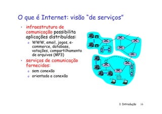 1: Introdução 16
O que é Internet: visão “de serviços”
• infraestrutura de
comunicação possibilita
aplicações distribuídas:
o WWW, email, jogos, e-
commerce, database,
votações, compartilhamento
de arquivos (MP3)
• serviços de comunicação
fornecidos:
o sem conexão
o orientada a conexão
 