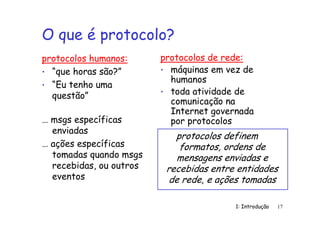 1: Introdução 17
O que é protocolo?
protocolos humanos:
• “que horas são?”
• “Eu tenho uma
questão”
… msgs específicas
enviadas
… ações específicas
tomadas quando msgs
recebidas, ou outros
eventos
protocolos de rede:
• máquinas em vez de
humanos
• toda atividade de
comunicação na
Internet governada
por protocolos
protocolos definem
formatos, ordens de
mensagens enviadas e
recebidas entre entidades
de rede, e ações tomadas
 