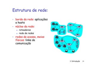 1: Introdução 19
Estrutura de rede:
• borda da rede: aplicações
e hosts
• núcleo da rede:
o roteadores
o rede de redes
• redes de acesso, meios
físicos: links de
comunicação
 