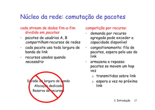 1: Introdução 27
Núcleo da rede: comutação de pacotes
cada stream de dados fim-a-fim
dividido em pacotes
• pacotes de usuários A, B
compartilham recursos de redes
• cada pacote usa toda largura de
banda do link
• recursos usados quando
necessário
competição por recurso:
• demanda por recurso
agregada pode exceder a
capacidade disponível
• congestionamento: fila de
pacotes, espera pelo uso do
link
• armazena e repassa:
pacotes se movem um hop
vez
o transmitidos sobre link
o espera a vez no próximo
link
Divisão de largura de banda
Alocação dedicada
Reserva de recursos
 