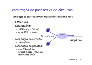 1: Introdução 30
comutação de pacotes vs de circuitos
• 1 Mbit link
• cada usuário:
o 100Kbps qdo “ativo”
o ativo 10% do tempo
• comutação de circuito:
o 10 usuários
• comutação de pacotes:
o com 35 usuários,
probabilidade > 10 ativos
menos que .0004
comutação de pacotes permite mais usuários usarem a rede!
N usuários
1 Mbps link
 