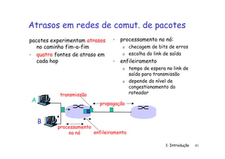 1: Introdução 41
Atrasos em redes de comut. de pacotes
pacotes experimentam atrasos
no caminho fim-a-fim
• quatro fontes de atraso em
cada hop
• processamento no nó:
o checagem de bits de erros
o escolha do link de saída
• enfileiramento
o tempo de espera no link de
saída para transmissão
o depende do nível de
congestionamento do
roteador
A
B
propagação
transmissão
processamento
no nó enfileiramento
 