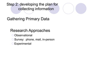 Step 2: developing the plan for
collecting information
Gathering Primary Data
Research Approaches
Observational
Survey: phone, mail, in-person
Experimental
 