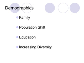 Demographics
Family
Population Shift
Education
Increasing Diversity
 