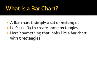  A Bar chart is simply a set of rectangles
 Let’s use D3 to create some rectangles
 Here’s something that looks like a ...