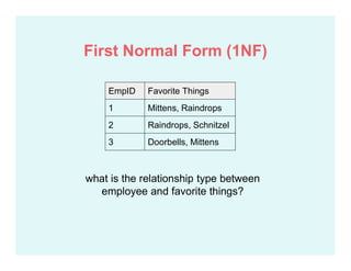 what is the relationship type between
employee and favorite things?
EmpID Favorite Things
1 Mittens, Raindrops
2 Raindrops, Schnitzel
3 Doorbells, Mittens
First Normal Form (1NF)
 