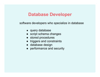 software developers who specialize in database
● query database
● script schema changes
● stored procedures
● triggers and constraints
● database design
● performance and security
Database Developer
 