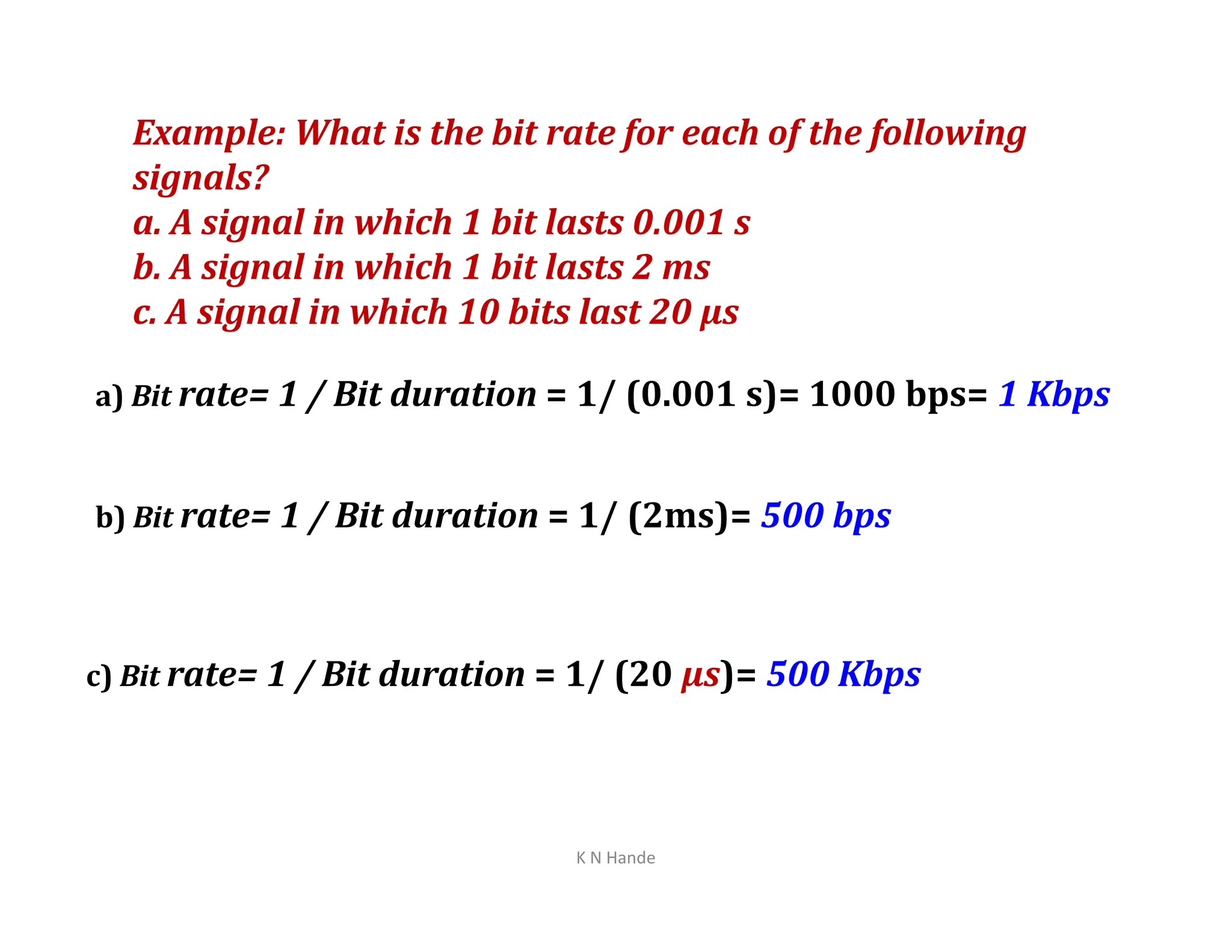 Example: What is the bit rate for each of the following
signals?
a. A signal in which 1 bit lasts 0.001 s
b. A signal in which 1 bit lasts 2 ms
c. A signal in which 10 bits last 20 µs
a) Bit rate= 1 / Bit duration = 1/ (0.001 s)= 1000 bps= 1 Kbps
b) Bit rate= 1 / Bit duration = 1/ (2ms)= 500 bps
c) Bit rate= 1 / Bit duration = 1/ (20 µs)= 500 Kbps
K N Hande
 