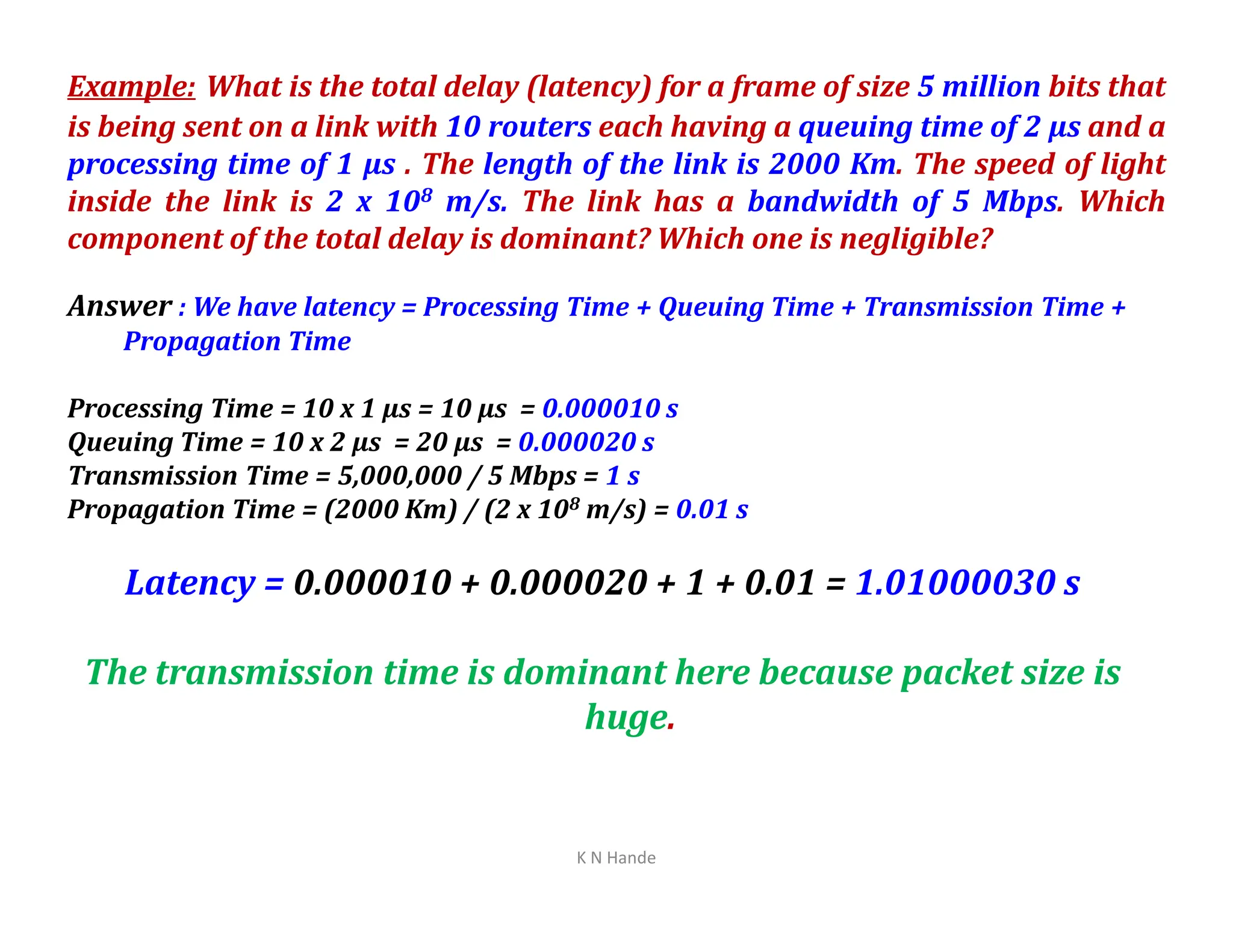 Example: What is the total delay (latency) for a frame of size 5 million bits that
is being sent on a link with 10 routers each having a queuing time of 2 µs and a
processing time of 1 µs . The length of the link is 2000 Km. The speed of light
inside the link is 2 x 108 m/s. The link has a bandwidth of 5 Mbps. Which
component of the total delay is dominant? Which one is negligible?
Answer : We have latency = Processing Time + Queuing Time + Transmission Time +
Propagation Time
Processing Time = 10 x 1 µs = 10 µs = 0.000010 s
Queuing Time = 10 x 2 µs = 20 µs = 0.000020 s
Transmission Time = 5,000,000 / 5 Mbps = 1 s
K N Hande
Transmission Time = 5,000,000 / 5 Mbps = 1 s
Propagation Time = (2000 Km) / (2 x 108 m/s) = 0.01 s
Latency = 0.000010 + 0.000020 + 1 + 0.01 = 1.01000030 s
The transmission time is dominant here because packet size is
huge.
 