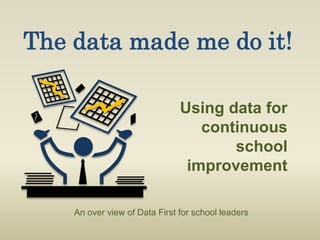 The data made me do it!

                               Using data for
                                  continuous
                                      school
                                improvement

    An over view of Data First for school leaders
 