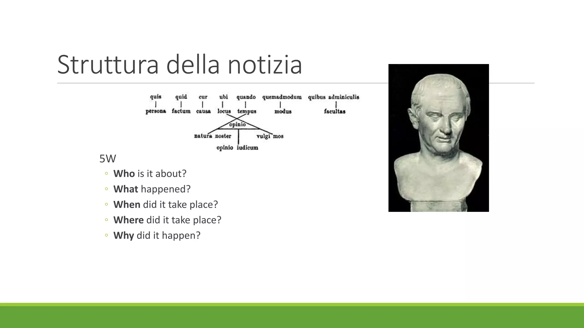 Struttura della notizia
5W
◦ Who is it about?
◦ What happened?
◦ When did it take place?
◦ Where did it take place?
◦ Why did it happen?
 