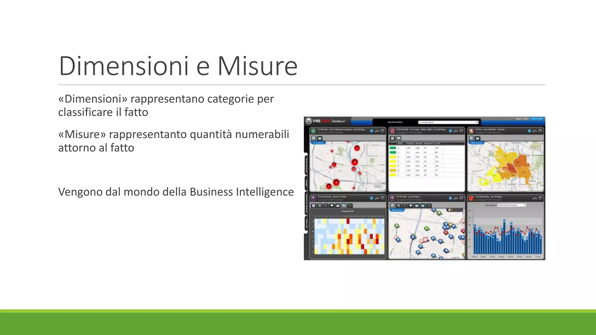 Dimensioni e Misure
«Dimensioni» rappresentano categorie per
classificare il fatto
«Misure» rappresentanto quantità numerabili
attorno al fatto
Vengono dal mondo della Business Intelligence
 