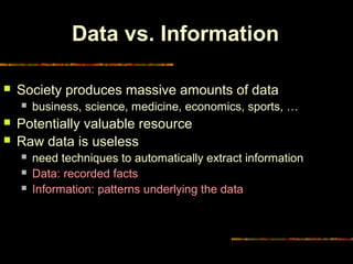Data vs. Information

   Society produces massive amounts of data
       business, science, medicine, economics, sports, …
   Potentially valuable resource
   Raw data is useless
       need techniques to automatically extract information
       Data: recorded facts
       Information: patterns underlying the data




3                                              Diambil dari © Copyrigh
 