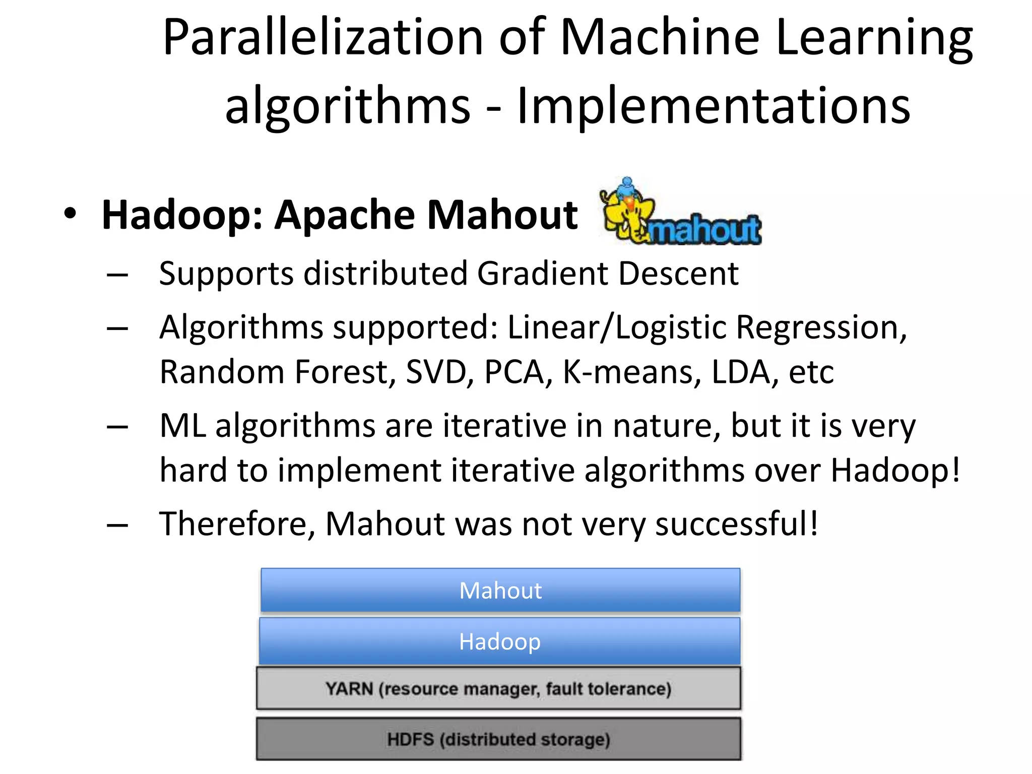 Parallelization of Machine Learning
algorithms - Implementations
• Hadoop: Apache Mahout
– Supports distributed Gradient Descent
– Algorithms supported: Linear/Logistic Regression,
Random Forest, SVD, PCA, K-means, LDA, etc
– ML algorithms are iterative in nature, but it is very
hard to implement iterative algorithms over Hadoop!
– Therefore, Mahout was not very successful!
Hadoop
Mahout
 