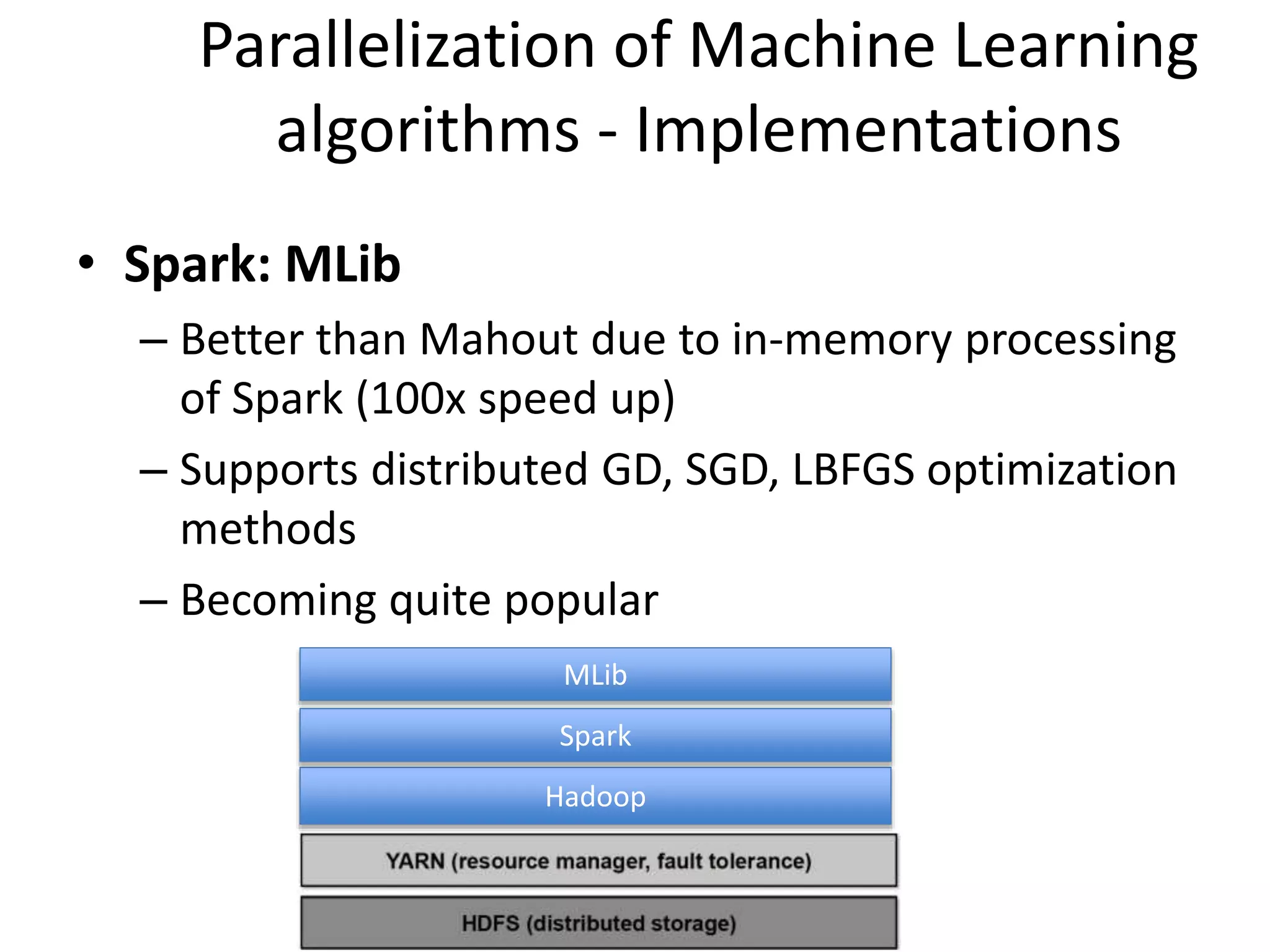 Parallelization of Machine Learning
algorithms - Implementations
• Spark: MLib
– Better than Mahout due to in-memory processing
of Spark (100x speed up)
– Supports distributed GD, SGD, LBFGS optimization
methods
– Becoming quite popular
Hadoop
Spark
MLib
 