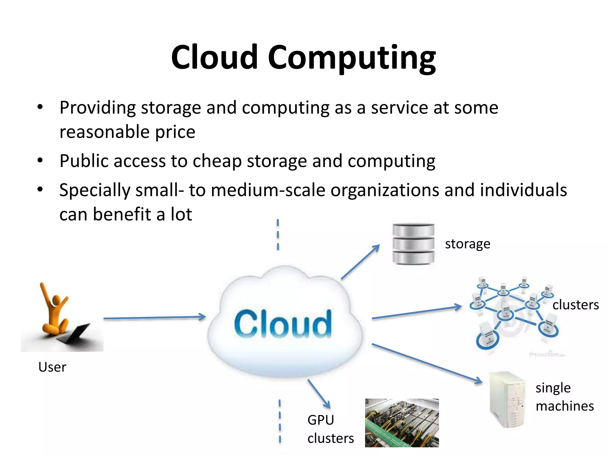 Cloud Computing
• Providing storage and computing as a service at some
reasonable price
• Public access to cheap storage and computing
• Specially small- to medium-scale organizations and individuals
can benefit a lot
storage
clusters
single
machines
GPU
clusters
User
 