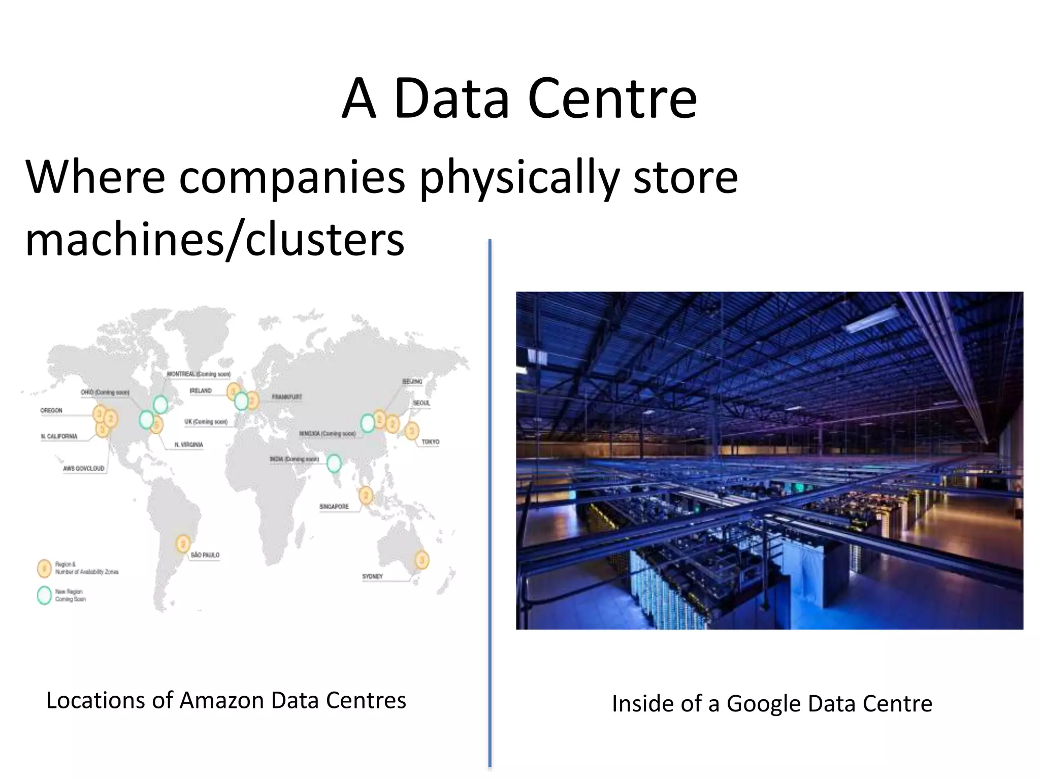 A Data Centre
Locations of Amazon Data Centres Inside of a Google Data Centre
Where companies physically store
machines/clusters
 
