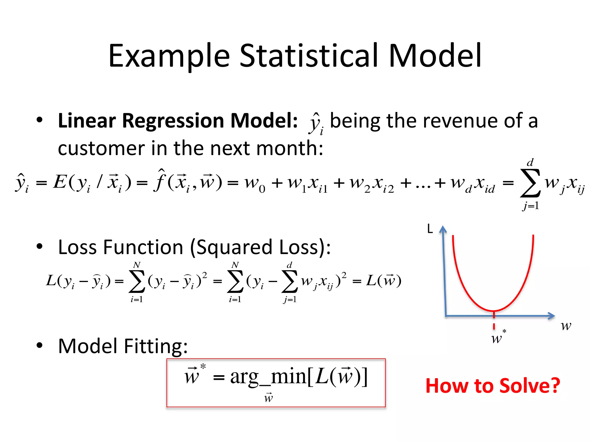 Example Statistical Model
• Linear Regression Model: being the revenue of a
customer in the next month:
• Loss Function (Squared Loss):
• Model Fitting:
L
w
w*
ˆyi
How to Solve?
 