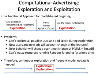 Computational Advertising
• Continuous Exploration and Exploitation
• Approach:
– Start with some random allocation (Explo...