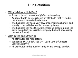 Hub Definition
• What Makes a Hub Key?
   – A Hub is based on an identifiable business key.
   – An identifiable business ...