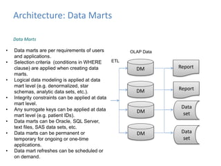 Architecture: Data Marts 
Data Marts 
• Data marts are per requirements of users 
Operational Data OLAP Data 
ETL ETL 
OLTP Report 
OLTP 
Staging History 
REF 
DM 
DM 
DM 
DM 
Report 
Data 
set 
Data 
set 
ODS 
and applications. 
• Selection criteria (conditions in WHERE 
clause) are applied when creating data 
marts. 
• Logical data modeling is applied at data 
mart level (e.g. denormalized, star 
schemas, analytic data sets, etc.). 
• Integrity constraints can be applied at data 
mart level. 
• Any surrogate keys can be applied at data 
mart level (e.g. patient IDs). 
• Data marts can be Oracle, SQL Server, 
text files, SAS data sets, etc. 
• Data marts can be permanent or 
temporary for ongoing or one-time 
applications. 
• Data mart refreshes can be scheduled or 
on demand. 
 