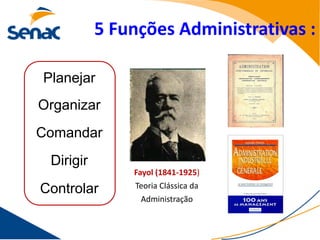 5 Funções Administrativas :

Planejar
Organizar
Comandar
 Dirigir
               Fayol (1841-1925)
               Teoria Clássica da
Controlar
                 Administração
 