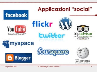 Applicazioni “social”




10 gennaio 2011   A. Vardanega - Univ. Teramo   4
 