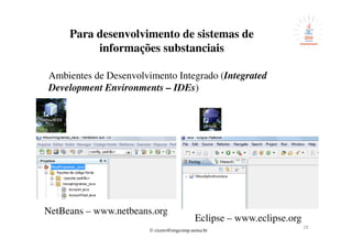 © cicero@engcomp.uema.br
28
Para desenvolvimento de sistemas de
informações substanciais
Ambientes de Desenvolvimento Integrado (Integrated
Development Environments – IDEs)
NetBeans – www.netbeans.org
Eclipse – www.eclipse.org
 