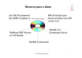 © cicero@engcomp.uema.br
Recursos para o aluno
Java SE Development
Kit (JDK) 6 Update 11
IDE do Eclipse para
desenvolvedores Java EE
versão 3.4.1
NetBeans IDE Version
6.5 All Bundle
MySQL 5.0
Community Server
MySQL Connector/J
4
Fonte: Google imagem
 