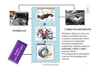 © cicero@engcomp.uema.br
43
Podemos dirigir um carro sem
conhecer os detalhes de como
os motores, transmissões, freios
e sistemas de escapamento
funcionam internamente –
contanto que saibamos utilizar o
acelerador, o freio, a roda e
assim por diante;
O ocultamento de informações
é crucial à boa engenharia de
software.
INTERFACES
CARRO EM MOVIMENTO
 