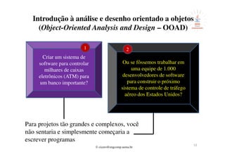 © cicero@engcomp.uema.br
52
Introdução à análise e desenho orientado a objetos
(Object-Oriented Analysis and Design – OOAD)
Criar um sistema de
software para controlar
milhares de caixas
eletrônicos (ATM) para
um banco importante?
Ou se fôssemos trabalhar em
uma equipe de 1.000
desenvolvedores de software
para construir o próximo
sistema de controle de tráfego
aéreo dos Estados Unidos?
1 2
Para projetos tão grandes e complexos, você
não sentaria e simplesmente começaria a
escrever programas
 
