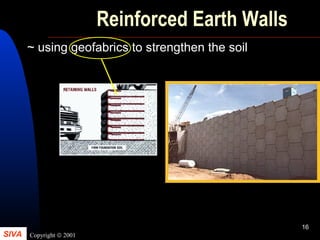 SIVA Copyright © 2001
16
Reinforced Earth Walls
~ using geofabrics to strengthen the soil
 