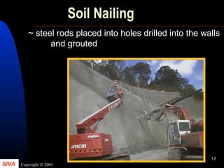 SIVA Copyright © 2001
17
Soil Nailing
~ steel rods placed into holes drilled into the walls
and grouted
 