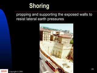 SIVA Copyright © 2001
24
Shoring
propping and supporting the exposed walls to
resist lateral earth pressures
 
