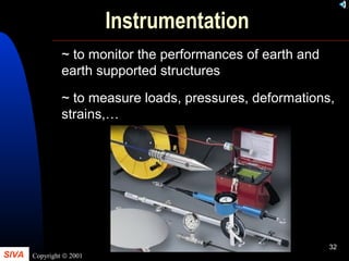 SIVA Copyright © 2001
32
Instrumentation
~ to monitor the performances of earth and
earth supported structures
~ to measure loads, pressures, deformations,
strains,…
 